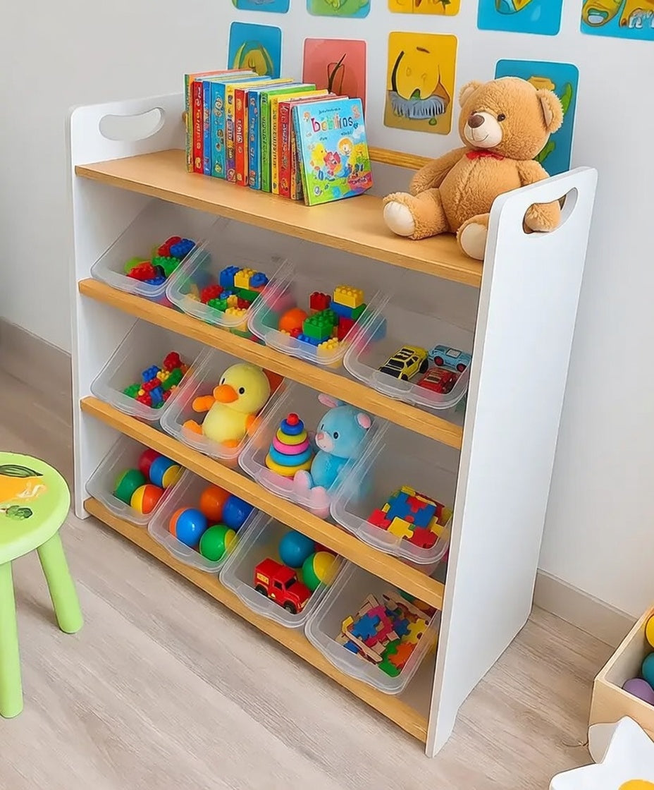 Juguetero COREVA grande con repisa | 12 contenedores | Diseño Montessori en blanco y okume