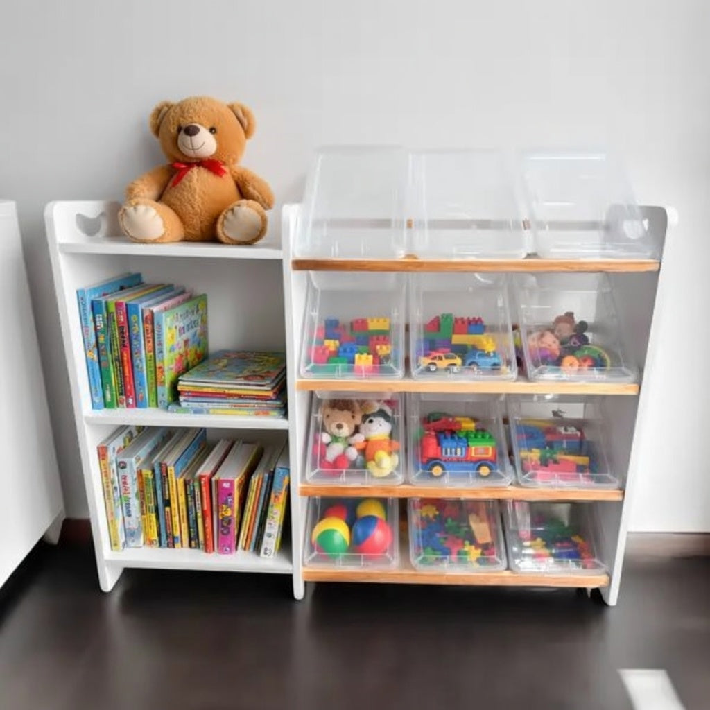 🧸 Juguetero COREVA con 3 Repisas Laterales (12 contenedores, blanco)