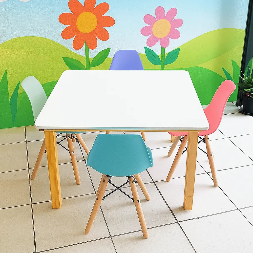 Set Infantil COREVA — Mesa Montessori + 4 Sillas Eames Pastel