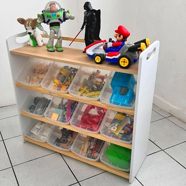 Juguetero COREVA grande con repisa | 12 contenedores | Diseño Montessori en blanco y okume