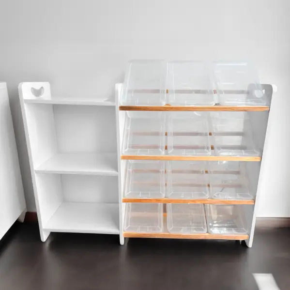 🧸 Juguetero COREVA con 3 Repisas Laterales (12 contenedores, blanco)