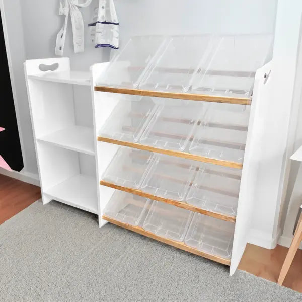 🧸 Juguetero COREVA con 3 Repisas Laterales (12 contenedores, blanco)