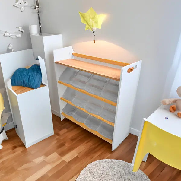 Juguetero COREVA grande con repisa | 12 contenedores | Diseño Montessori en blanco y okume