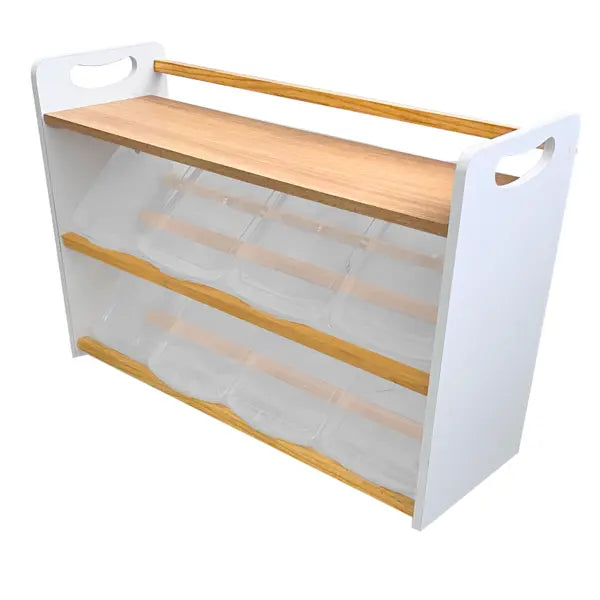 Juguetero COREVA chico con repisa | 8 contenedores | Diseño Montessori en blanco y okume